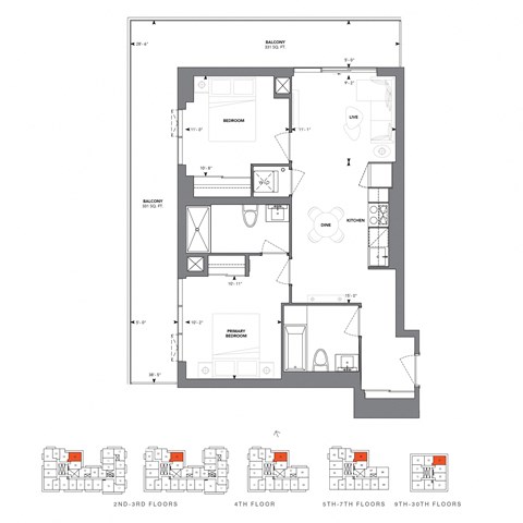 Floor plan for 2 beds, 2 baths, 824 sqft